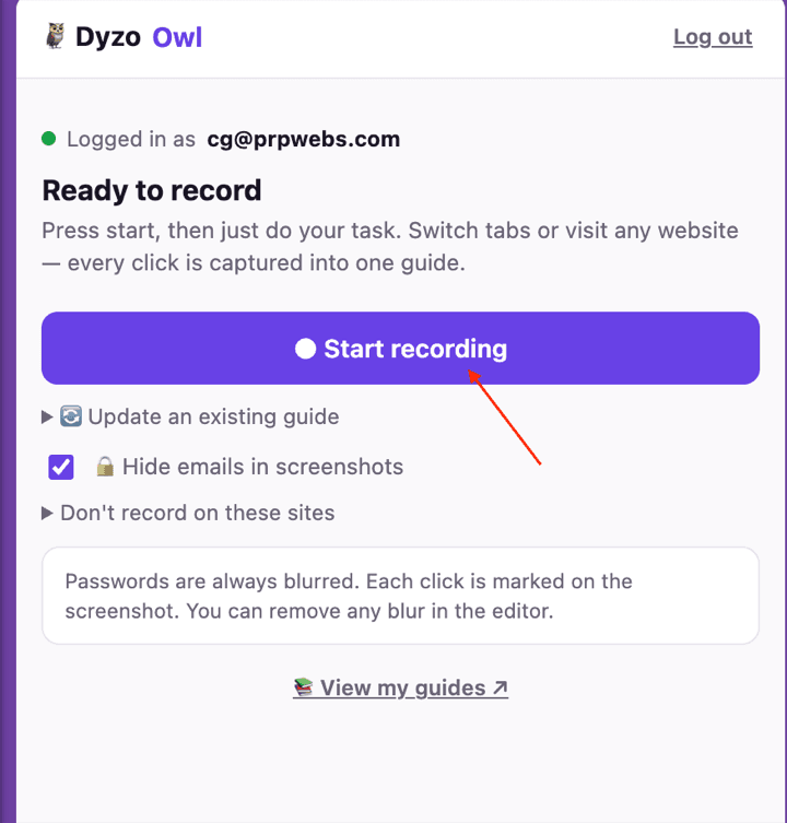 The Dyzo Owl side panel, ready to record a new guide