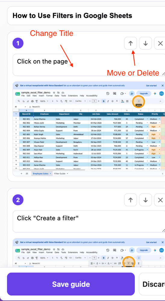 The editor showing captured steps with screenshots, ready to edit