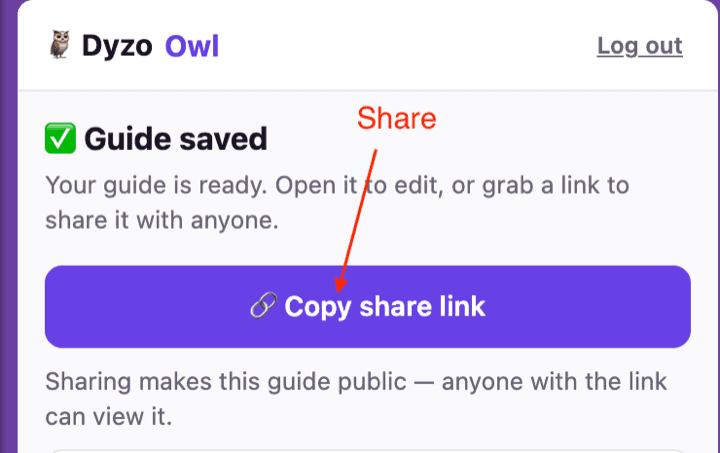 A saved guide with the Copy share link button